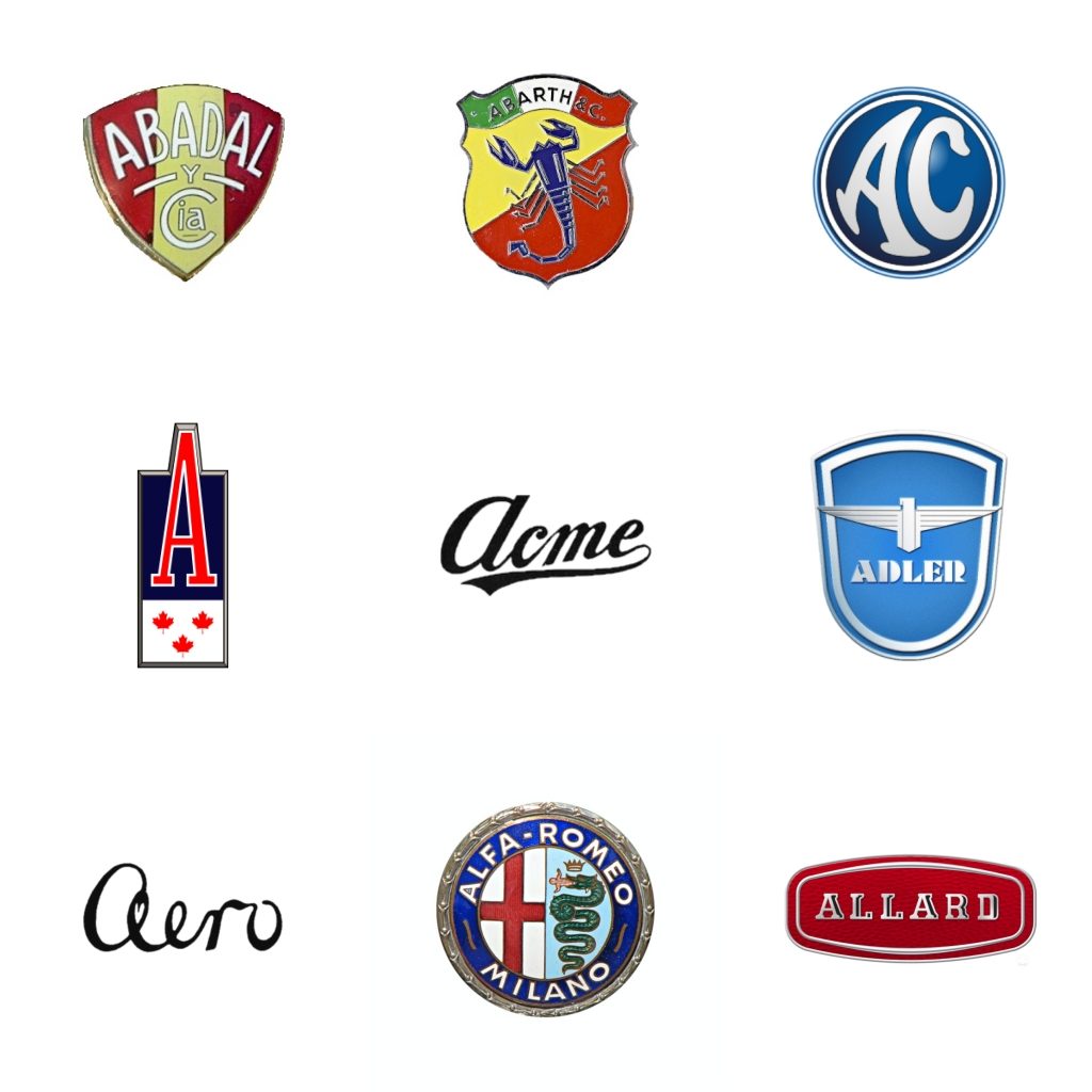 Logos: Abadal (España, 1912-23) - Abarth (Italia, 1949) - AC (Gran Bretaña, 1911-84) - Acadian (Canadá, 1962-71) - Acme (EEUU, 1903-11) - Adler (Alemania, 1900-57) - Aero (Checoslovaquia, 1919-47) - Alfa Romeo (Italia, 1910) - Allard (GB, 1946-58)