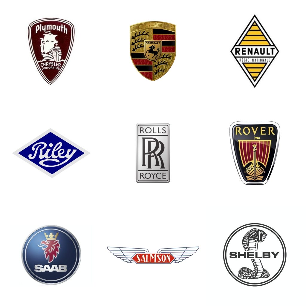 Logos: Plymouth (EEUU, 1928-2001) - Porsche (Alemania, 1947) - Renault (Francia, 1898) - Riley (GB, 1896) - Rolls-Royce (GB, 1904) - Rover (GB, 1878-2005) - Saab (Suecia, 1945-2012) - Salmson (Francia, 1912-57) - Shelby (EEUU, 1962)
