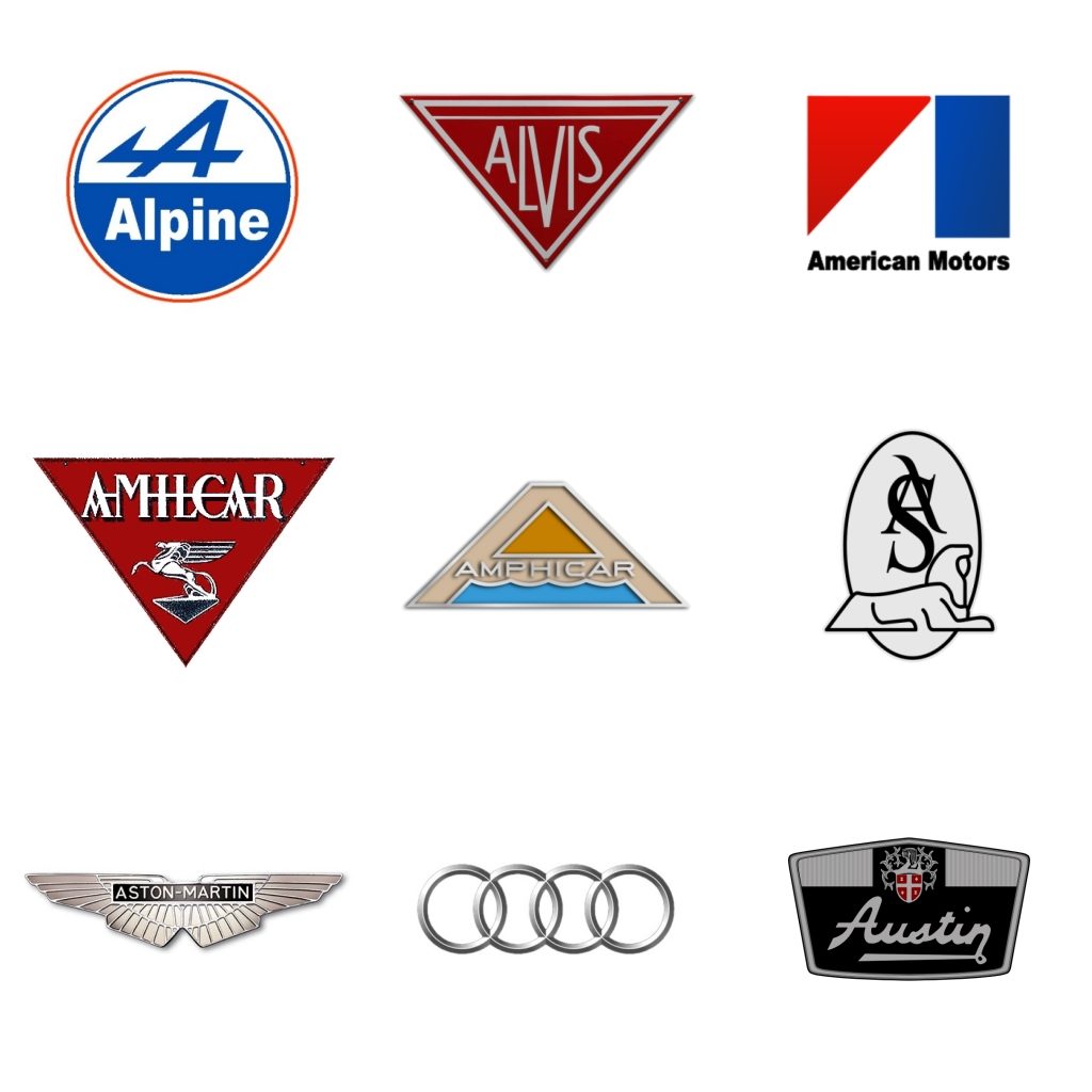 Logos: Alpine (Francia, 1955) - Alvis (Gran Bretaña, 1919-67) - AMC (EEUU, 1954-87) - Amilcar (Francia, 1921-39) - Amphicar (Alemania, 1961-68) - Armstrong Siddeley (GB, 1919-60) - Aston Martin (GB, 1913) - Audi (Alemania, 1909) - Austin (GB, 1905-87)
