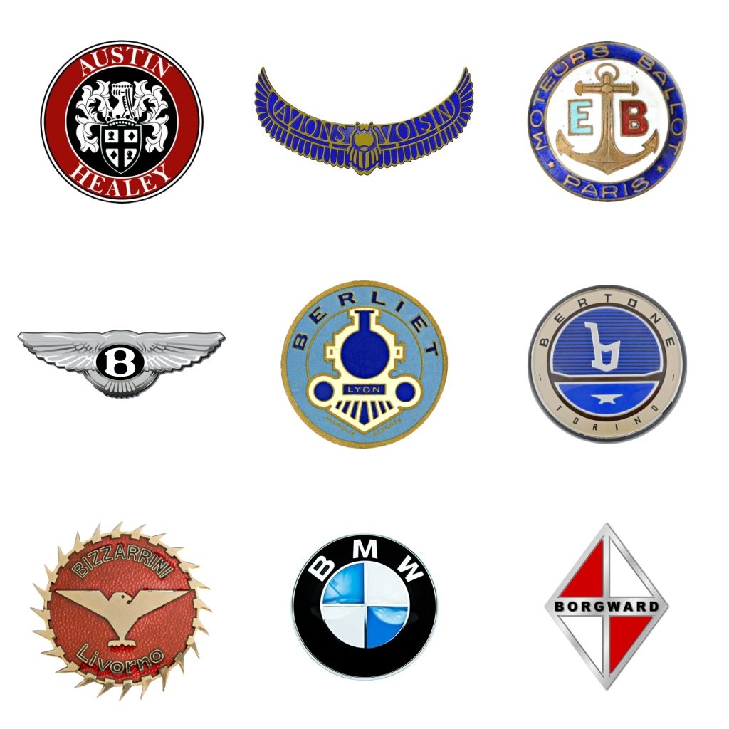 Logos: Austin Healey (GB, 1952-72) - Avions Voisin (Francia, 1905-46) - Ballot (Francia, 1905-32) - Bentley (GB, 1919) - Berliet (Francia, 1899-78) - Bertone (Italia, 1912) - Bizzarrini (Italia, 1964-69) - BMW (Alemania, 1916) - Borgward (Alemania, 1939-63)