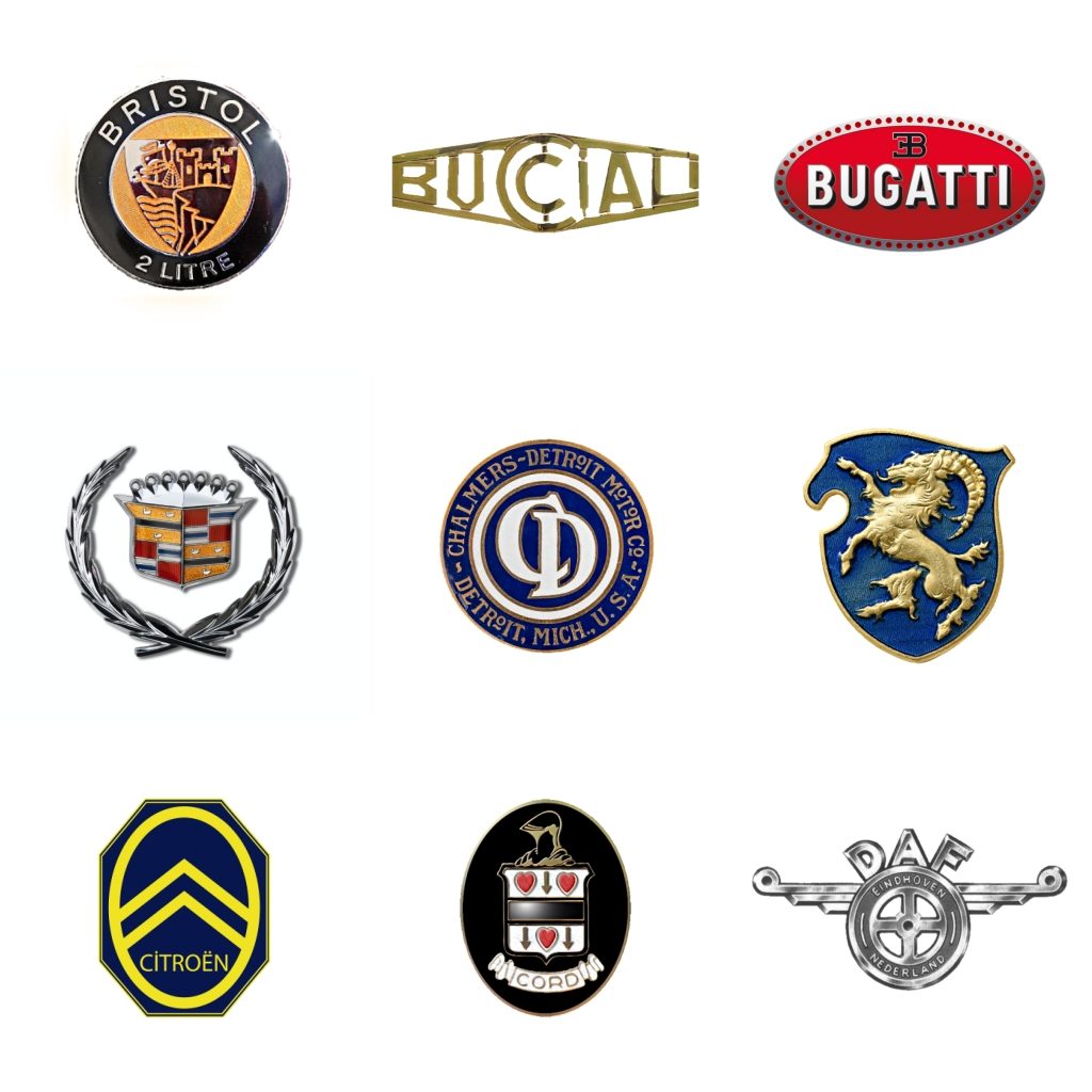 Logos: Bristol (GB, 1946-2020) - Bucciali (Francia, 1922-32) - Bugatti (Francia, 1909-63) - Cadillac (EEUU, 1902) - Chalmers (EEUU, 1908-24) - Cisitalia (Italia, 1943-63) - Citroën (Francia, 1919) - Cord (EEUU, 1929-37) - DAF (Países Bajos, 1959-76)