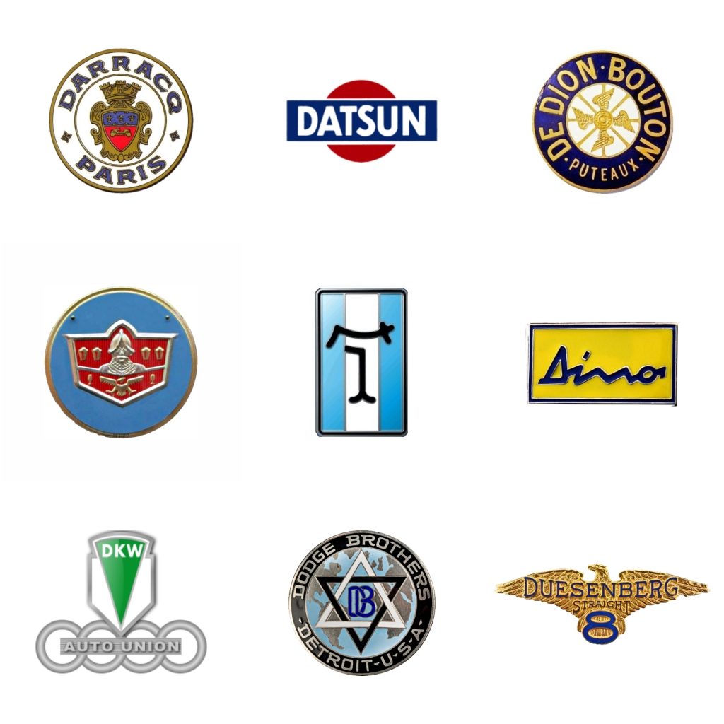 Logos: Darracq (Francia, 1897-35) - Datsun (Japón, 1933) - De Dion-Bouton (Francia, 1883-32) - De Soto (EEUU, 1928-60) - De Tomaso (Italia, 1959-2012) - Dino (Italia, 1957-80) - DKW (Alemania, 1916-66) - Dodge (EEUU, 1914) - Duesenberg (EEUU, 1913-37)