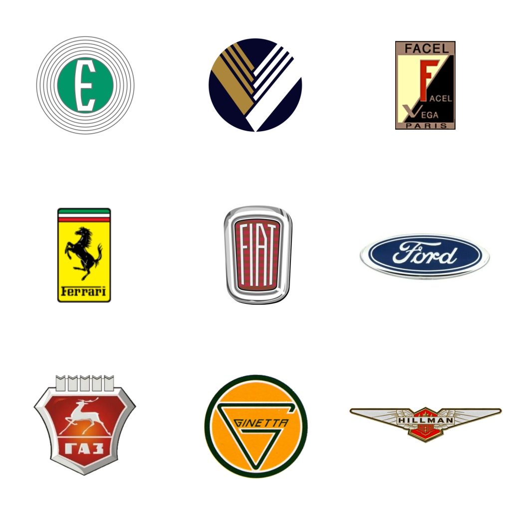 Logos: Edsel (EEUU, 1957-59) - Eunos (Japón, 1989-96) - Facel-Vega (Francia, 1939-64) - Ferrari (Italia, 1947) - Fiat (Italia, 1899) - Ford (EEUU, 1903) - GAZ (Rusia, 1932) - Ginetta (GB, 1958) - Hillman (GB, 1907-76)