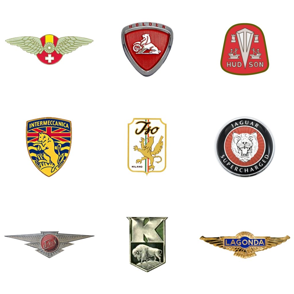 Logos: Hispano-Suiza (España, 1904-50) - Holden (Australia, 1856) - Hudson (EEUU, 1909-1954) - Intermeccanica (Italia, 1959) - Iso (Italia, 1953-74) - Jaguar (GB, 1922) - Jensen (Gran Bretaña, 1934-76) - Kaiser (EEUU, 1945-53) - Lagonda (GB, 1906)