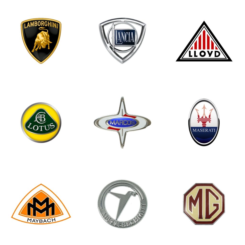 Logos: Lamborghini (Italia, 1963) - Lancia (Italia, 1906) - Lloyd (Alemania, 1908-63) - Lotus (GB, 1952) - Marcos (GB, 1959-2007) - Maserati (Italia, 1914) - Maybach (Alemania, 1909) - Messerchmitt (Alemania) - MG (Gran Bretaña, 1924)