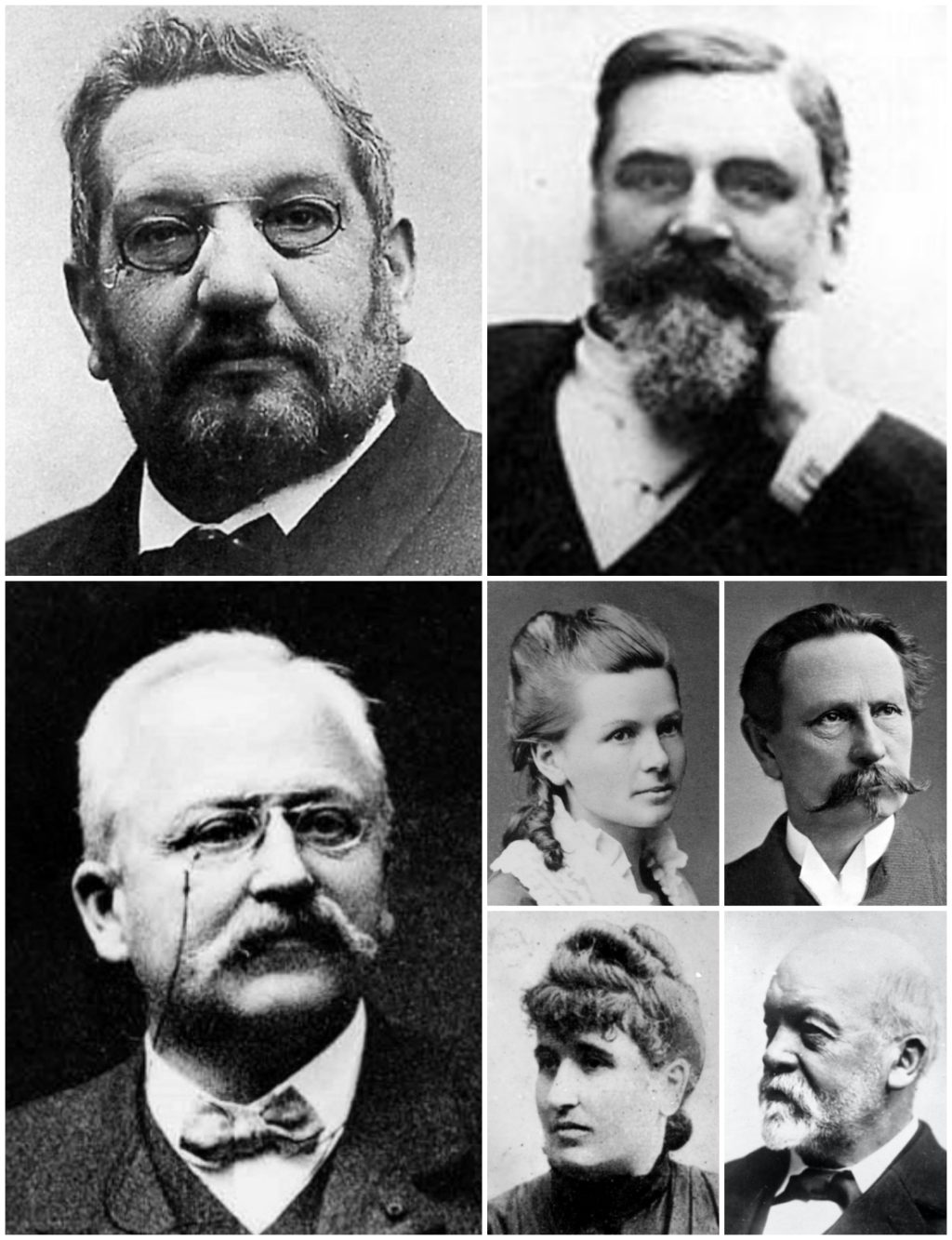 René Panhard, Émile Levassor, Armand Peugeot, Bertha Benz, Carl Benz, Louise Sarazin y Gottlieb Daimler