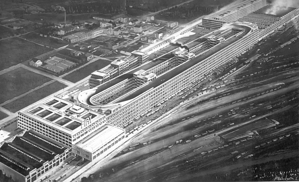 Recreación del Lingotto, la fábrica de Fiat en Turín, en 1928