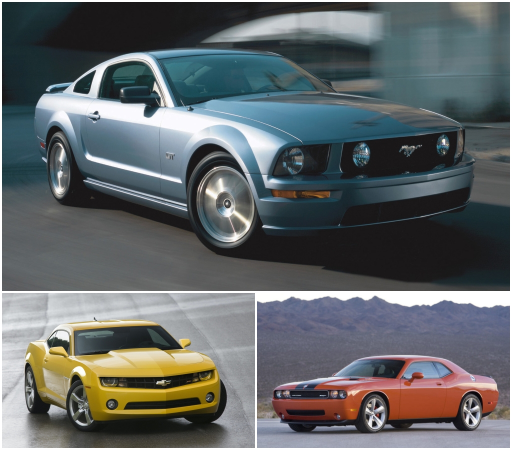 Coches retro: Ford Mustang de 2005, Chevrolet Camaro de 2009 y Dodge Challenger de 2008