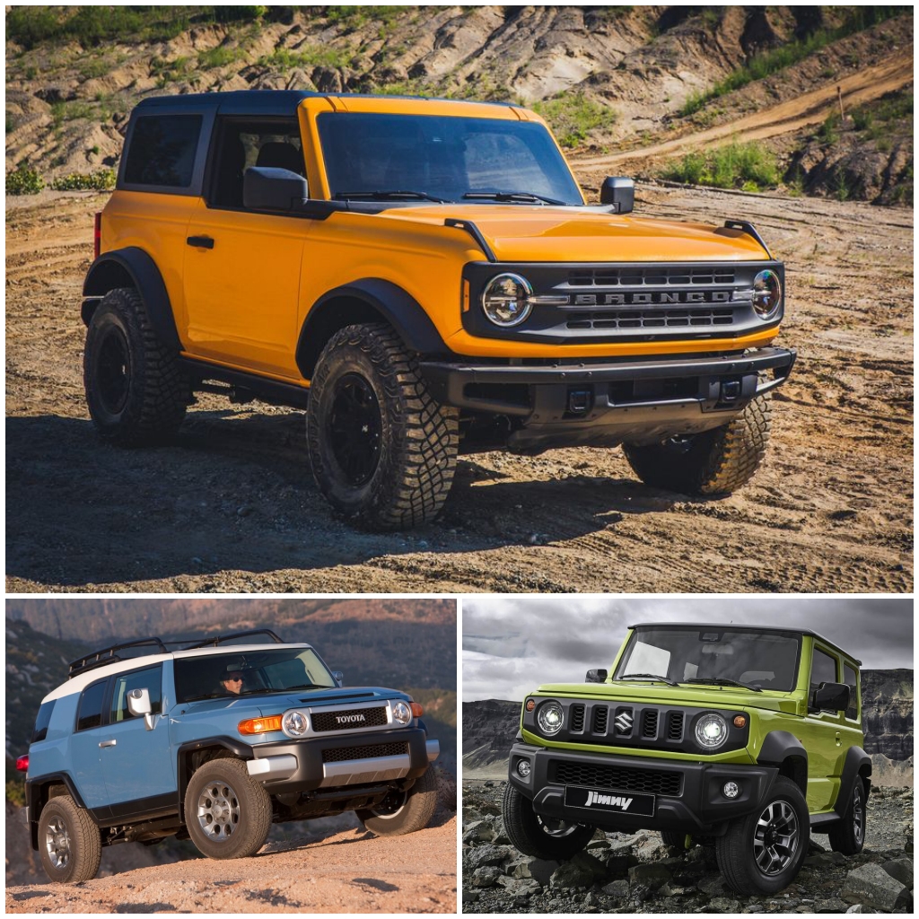 Suzuki Jimny de 2018, Toyota FJ Cruiser de 2006 y Ford Bronco de 2021