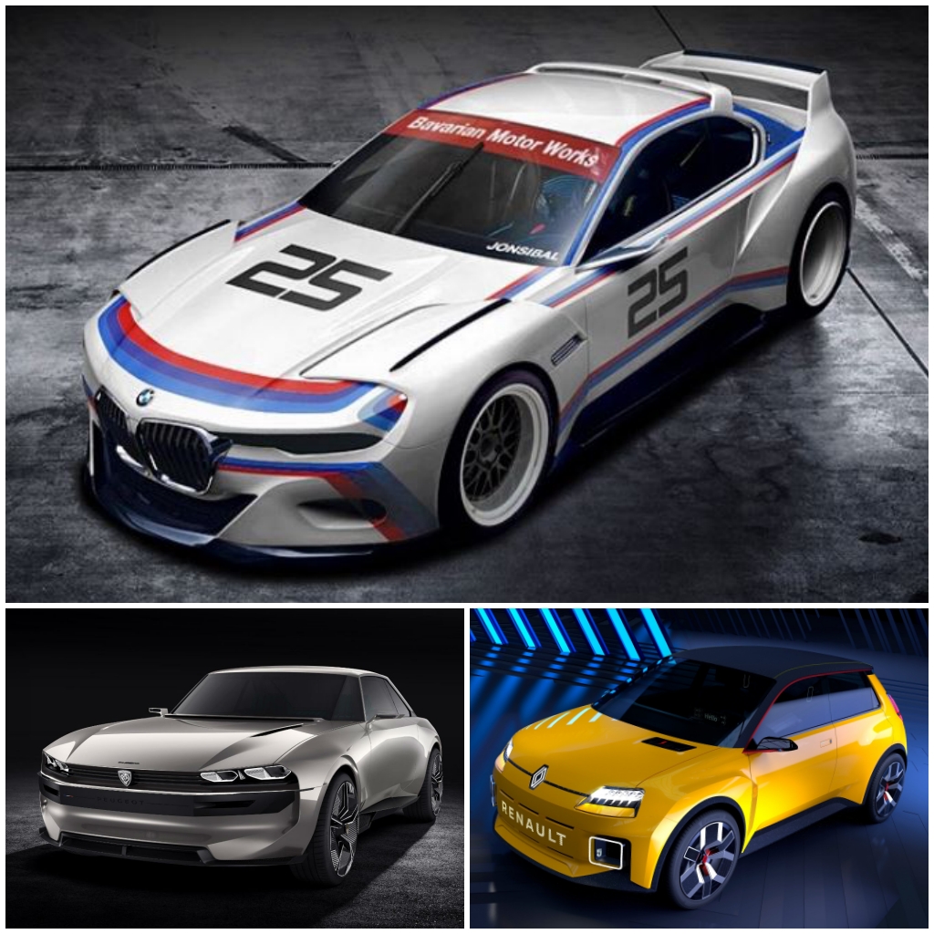 Coches retro: BMW 3.0 CSL Hommage de 2015,  Peugeot e-Legend Concept de 2018 y Renault 5 E-TECH Electric
