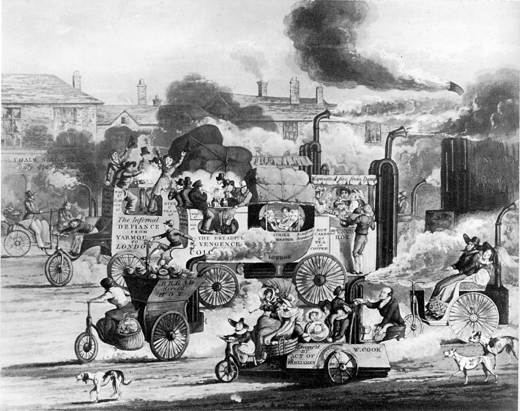 Caricatura de H. T. Alken de 1831 ironizando sobre los vehículos independientes a vapor